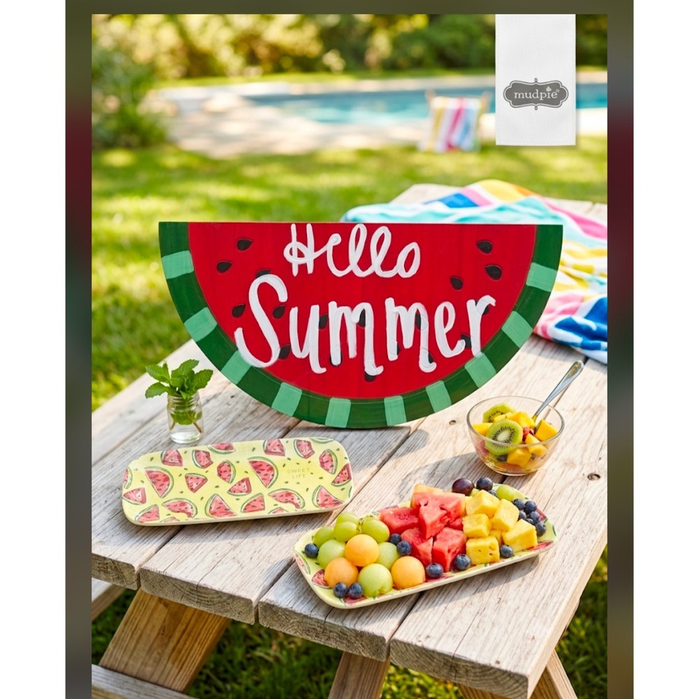 Mud Pie Hello Summer Watermelon Wood Sign and 2 Sweet Life Ceramic Platters Set